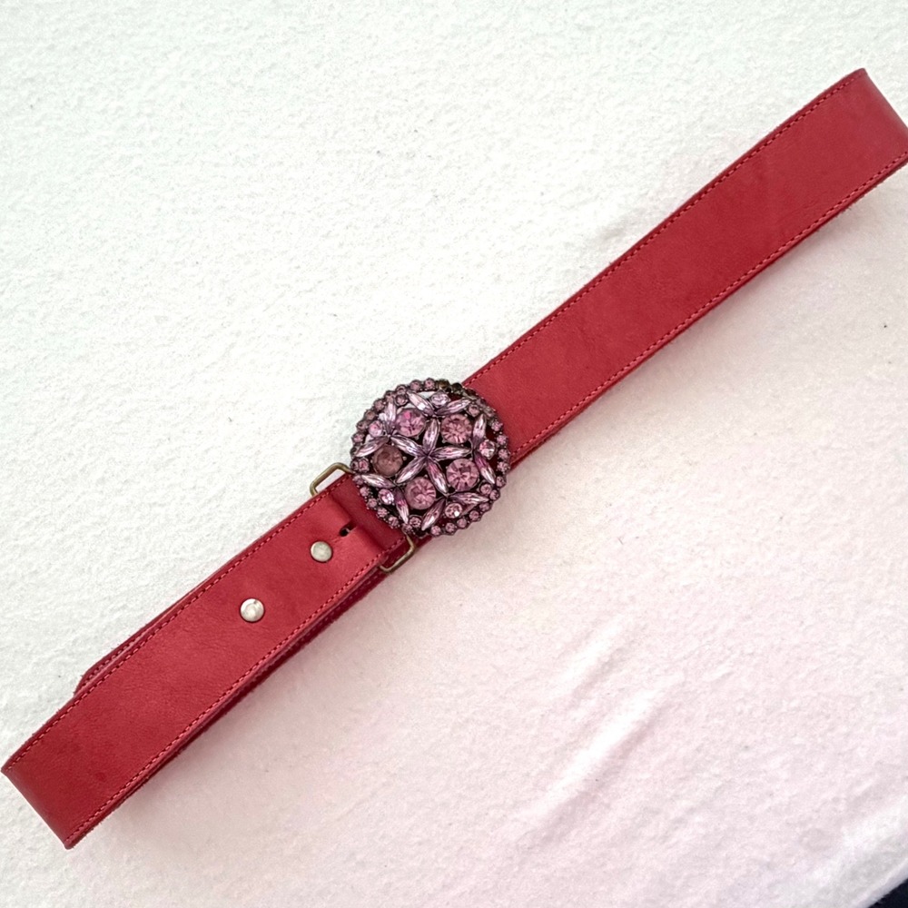 VTG B-Low The Belt Pink Leather Rhinestone Buckle Belt Y2K Boho Western Sz 32 - Picture 4 of 11